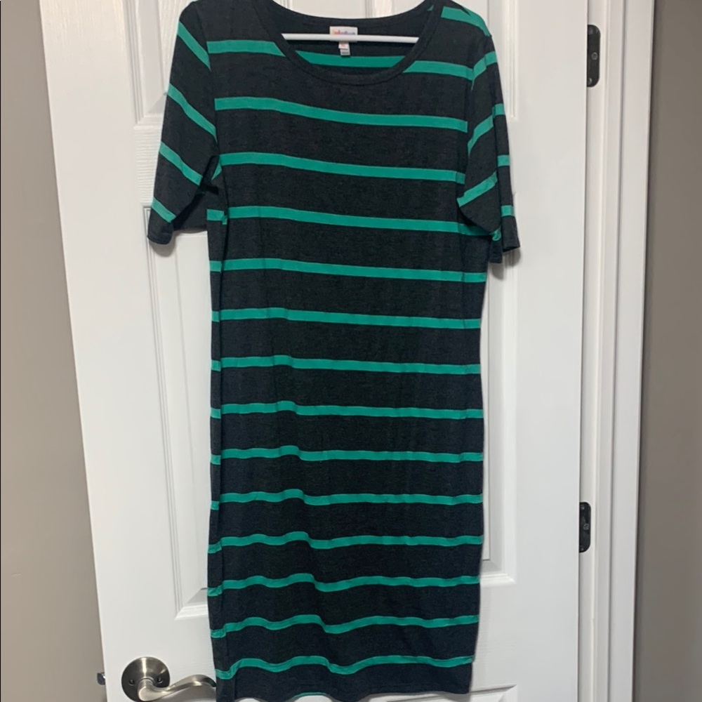 LuLaRoe Green and Black Midi Dress Casual Crew Neck